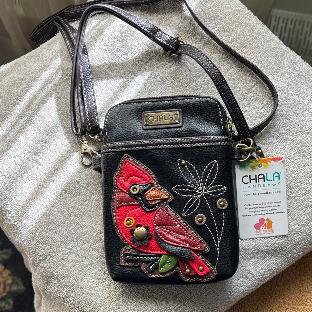 Chala Black Crossbody Bag with Red Bird Accent